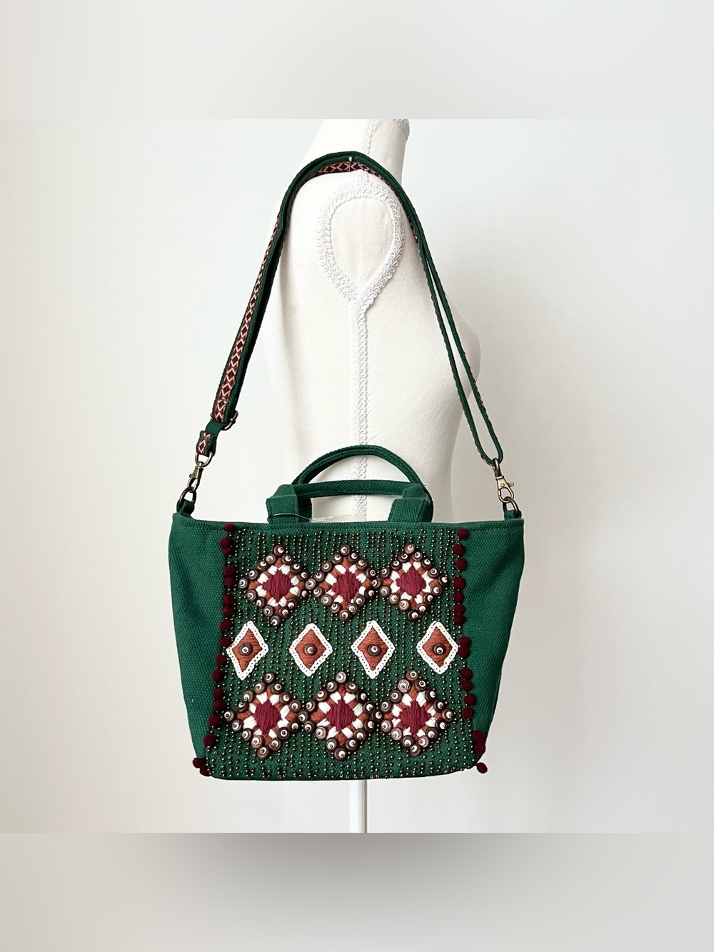 NWT America & Beyond Canvas Shoulder Tote Bag Green Beaded Embroidered Boho